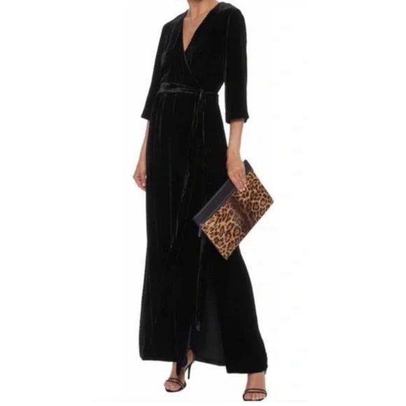 L’Agence Rosalind Velvet Maxi Wrap Dress in Black. - Picture 1 of 10